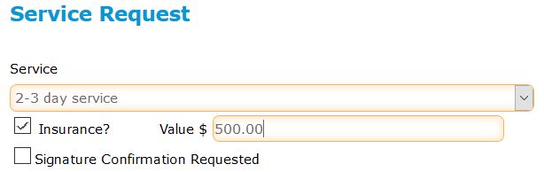 Service Request fields for service types (2-3 day or overnight), insurance, value, and signature confirmation request options. Service Request fields for service types (2-3 day or overnight), insurance, value, and signature confirmation request options.