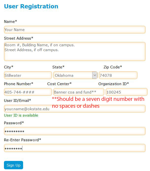 User Registration form with examples entered into fields. All information regarding these examples may be found in the text above this image. User Registration form with examples entered into fields. All information regarding these examples may be found in the text above this image.